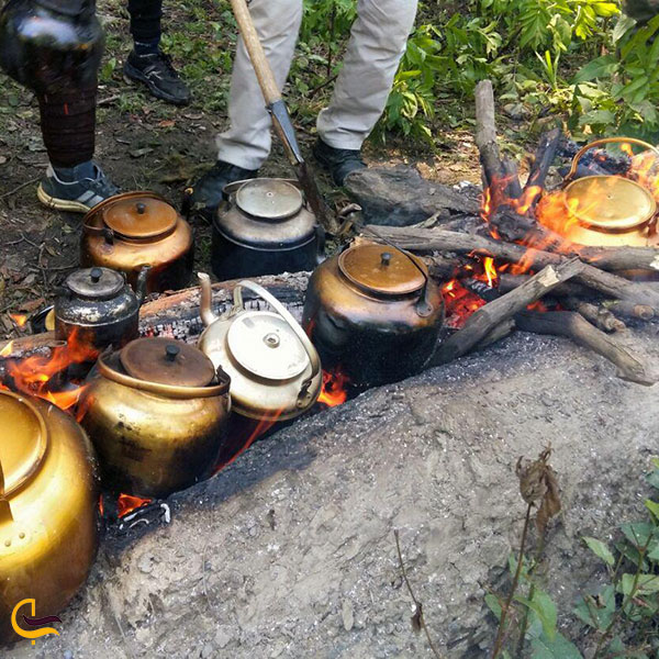 عکس درست کردن چای اتیشی در طبیعت روستای چلو آمل